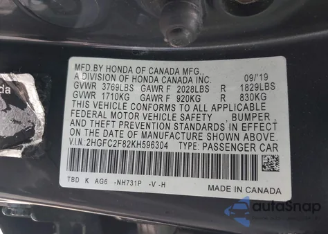 2019 Honda Civic Sport из США, поврежденный, VIN 2HGFC2F82KH596304